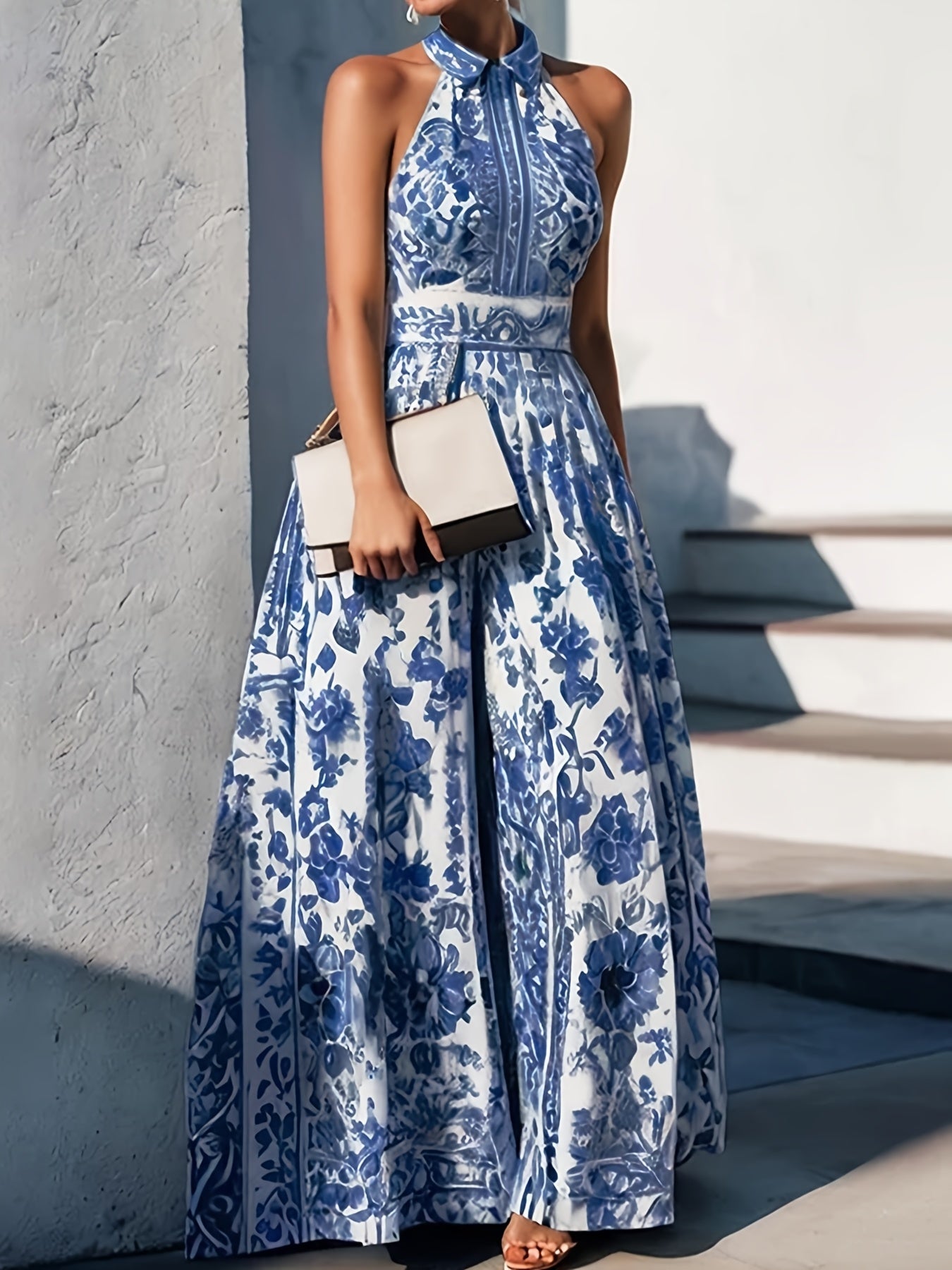 [French Maxi Dress] French-Inspired White Maxi Dress | Elegant Floral Print Halter Neck with Tie-Waist and A-Line Skirt | Polyester Fabric, Machine Washable, Cute Dress for Women with Pink and Purple Flowers