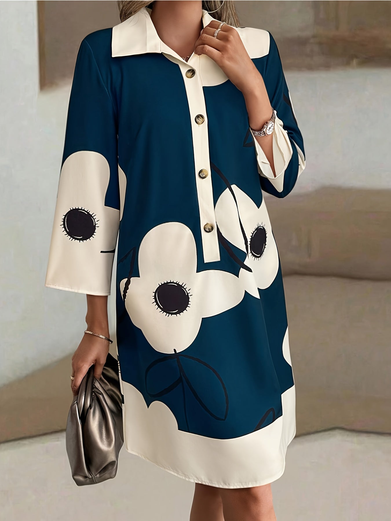 Women'S Loose Fit Floral Print Shirt Dress with Button Front, Long Sleeves, and Pockets - Casual Mid-Length A-Line Dress for All Seasons, Casual Attire | Floral Print Dress | Polyester Fabric