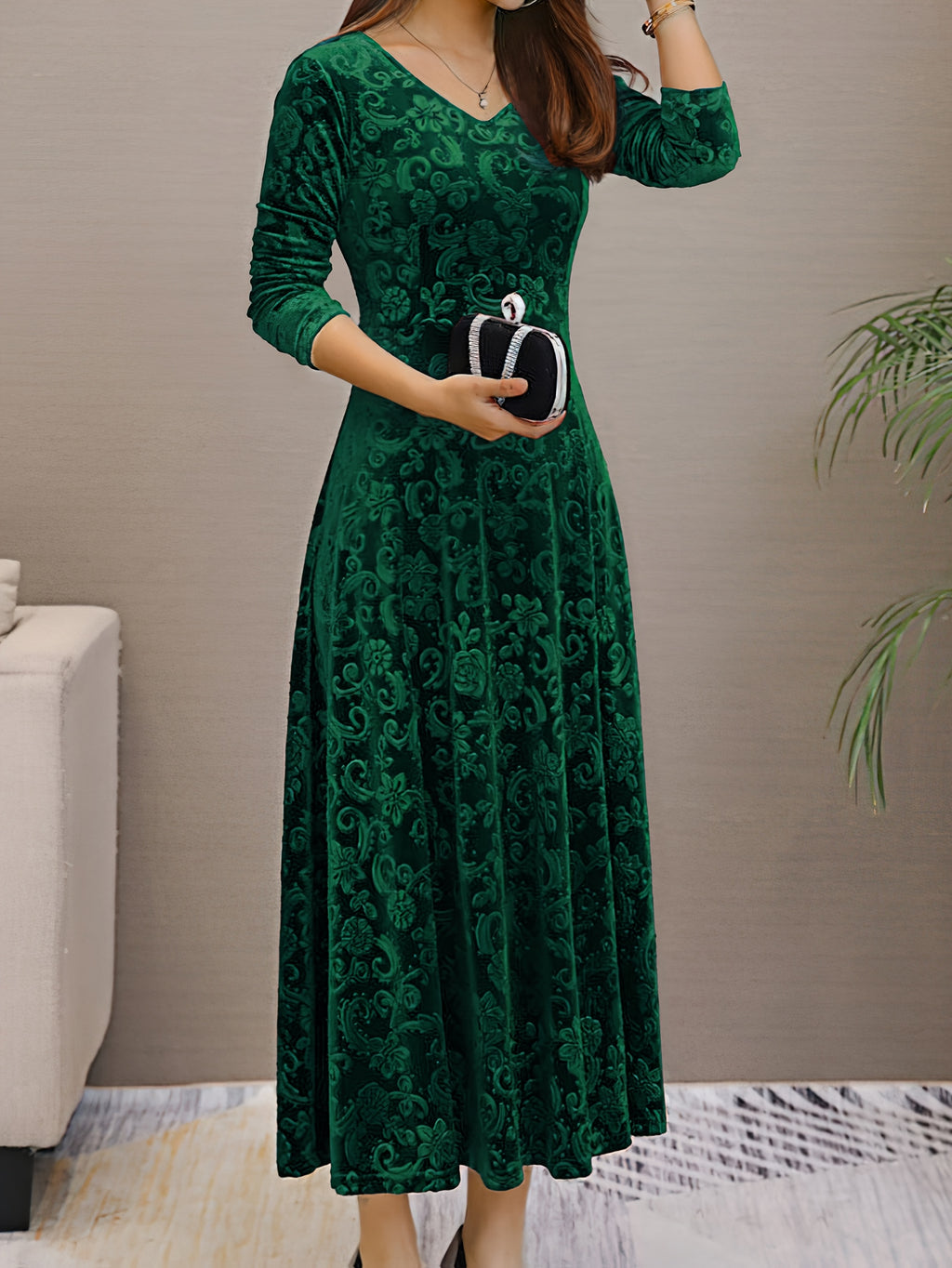 New Slim Fit And Dress With A Large Swing, Women'S Golden Velvet Long Sleeved Dress, Long Style