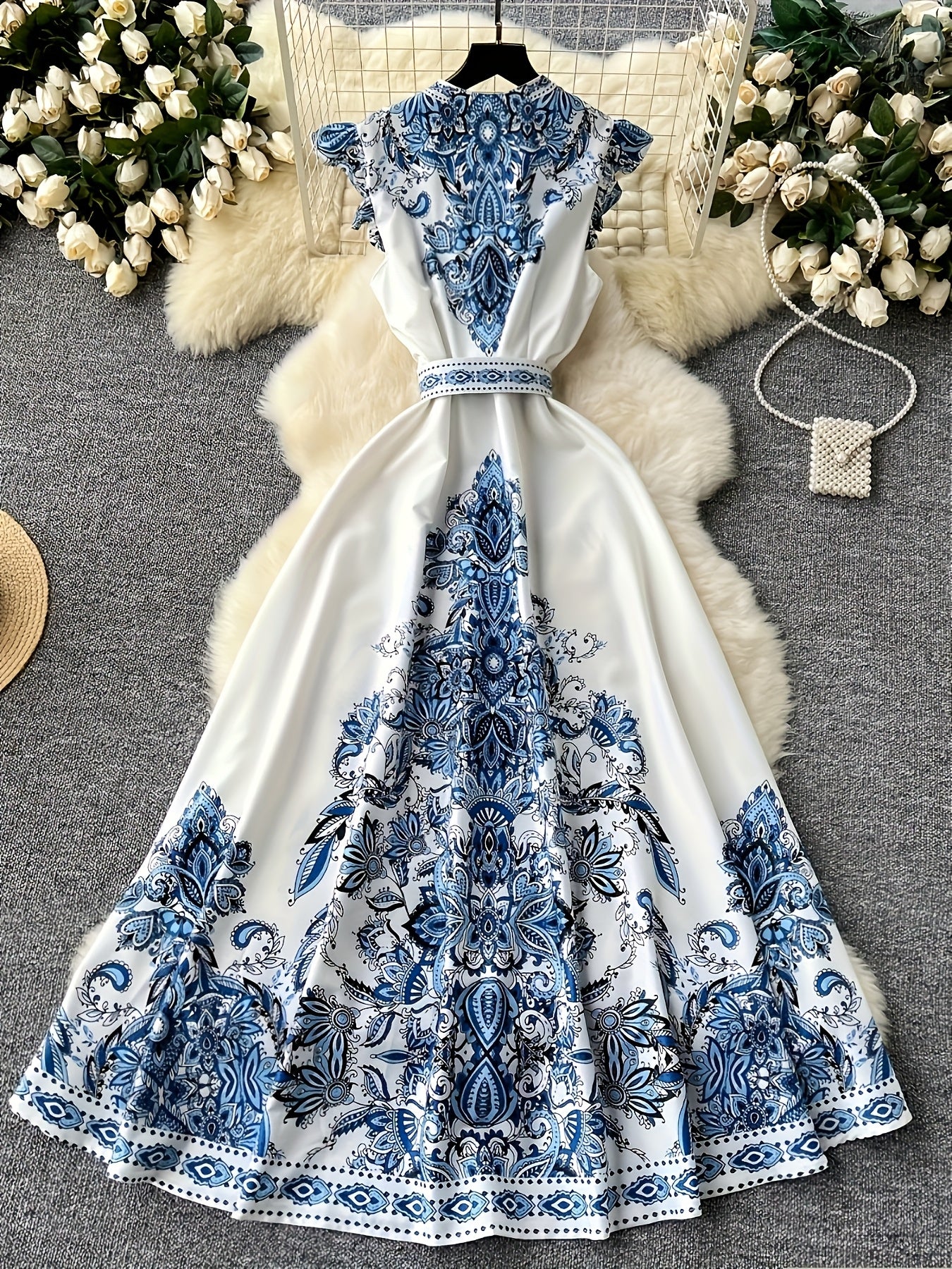 [Vintage Dress] Vintage Style Long Dress with V-Neck, Single-Breasted Closure | Printed, Decorative Details - Perfect for Adult, Summer Season, Casual Attire