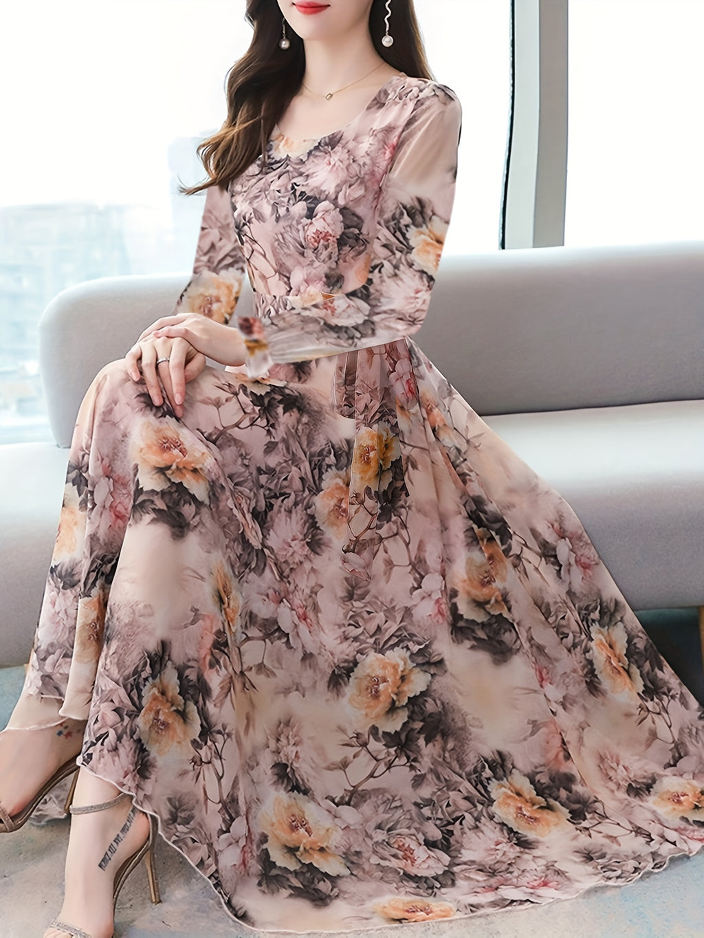 [Y3 Floral Dress] Y3 Women's Floral Print A-Line Dress | Elastic Waist Long Sleeve Round Neck Machine Washable | Pink Blue Gray Floral Dress for Casual & Formal Occasions