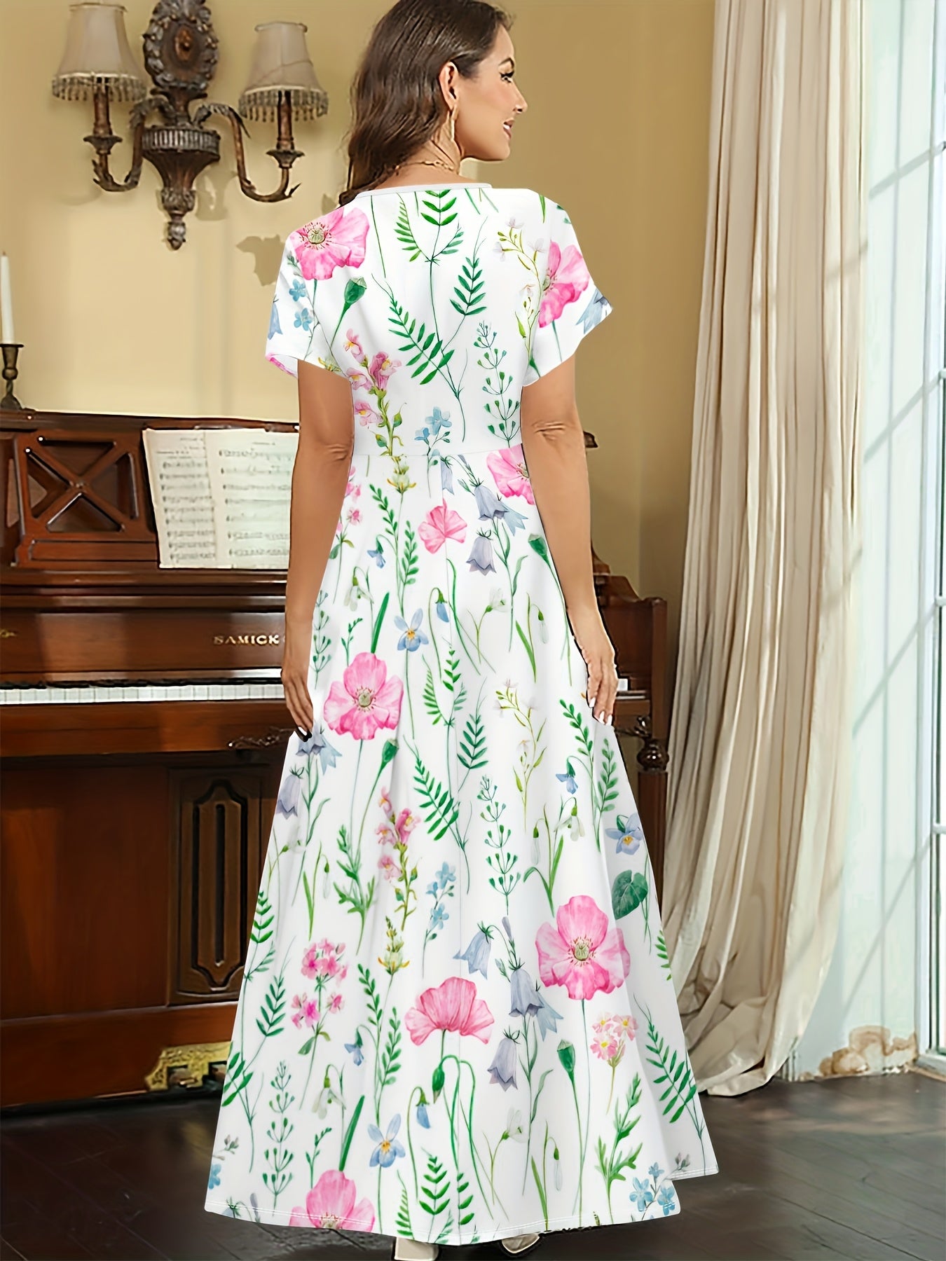 Women's Elegant Short Sleeve A-Line Dress with All-Over Floral Print - Fitted Round Neck, Medium Stretch, Machine Washable for Spring Summer Fall Casual & Semi-Formal Wear, Seasonal Fashion, Middle Eastern Style, Flowy Skirt Style