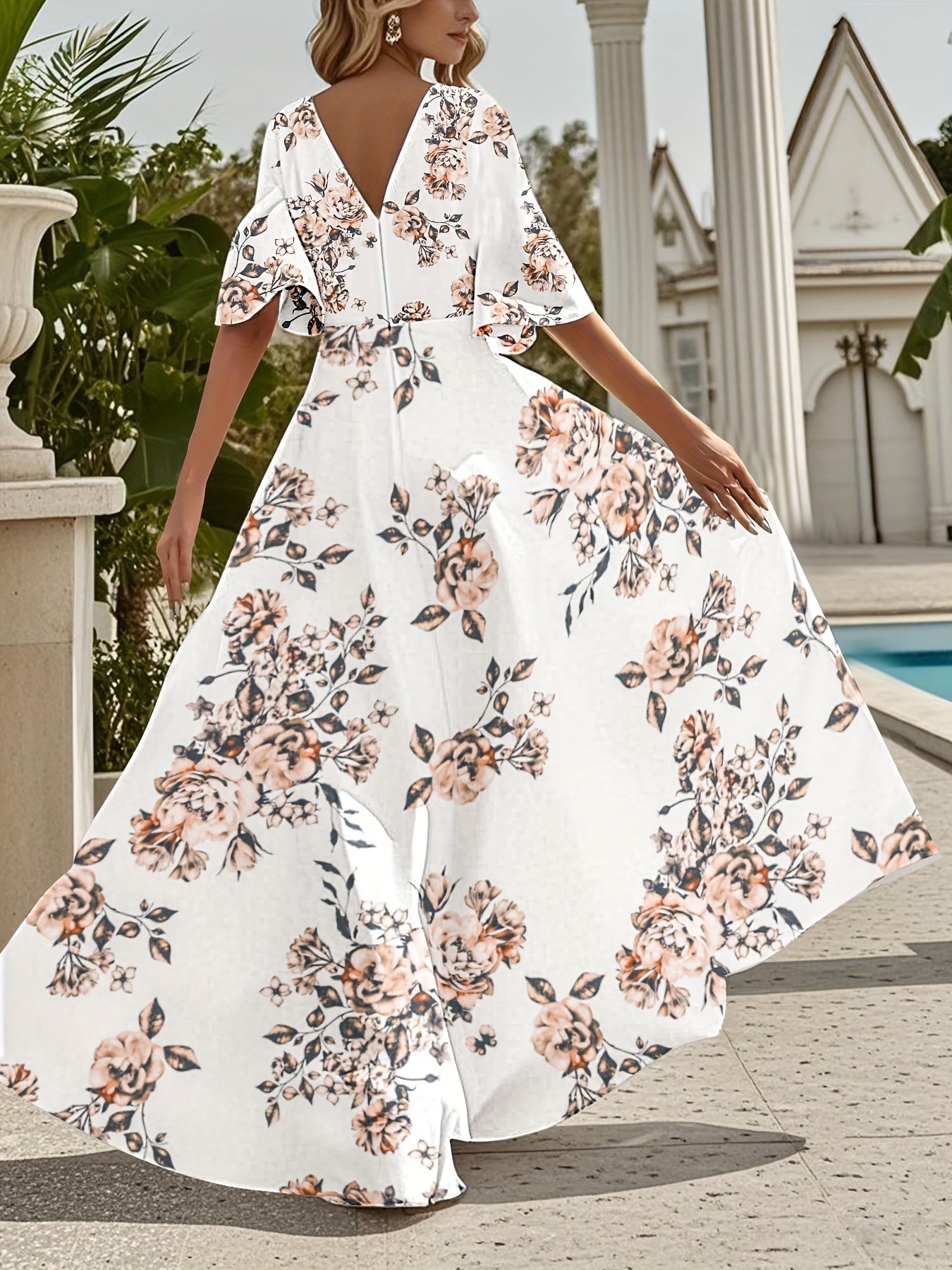 Women's Elegant V-Neck Short Sleeve A-Line Dress - Ditsy Floral Print in Soft Pink & White, Lightweight Breathable Fabric, Hand Wash Only, Spring Summer Casual Beach Party Wear, Beach Dresses, Summer Fashion, Relaxed Fit