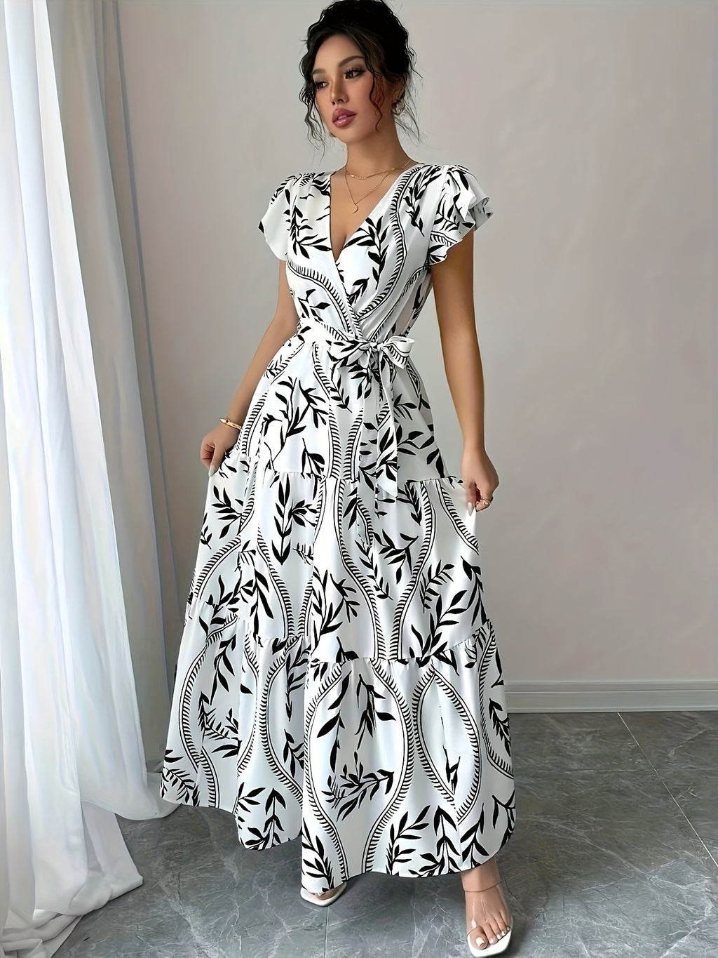 [Elegant Maxi Dress] Lightweight Polyester Elegant Summer Floral Print V-Neck Maxi Dress with Belt | Flowy A-Line Skirt, Short Sleeves, Perfect for Vacation or Casual Outings