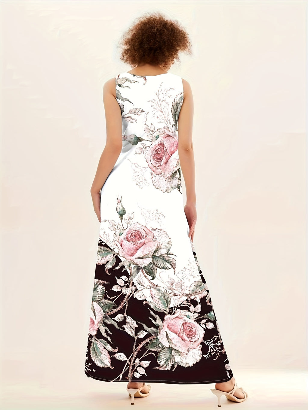 [Floral Print Dress] Floral Print V-Neck Sleeveless Dress with Pockets | A-Line Long Maxi Dress, Pink Roses on Black, Casual to Formal All-Season Wear, No Stretch Fabric