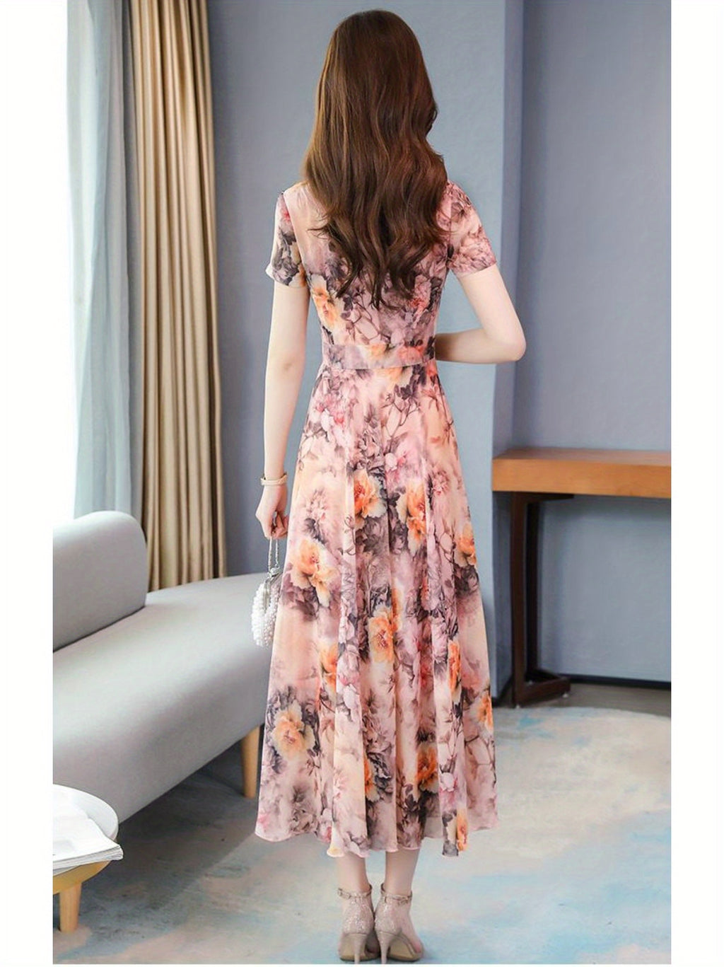 Elegant Floral Print Midi Dress for Women - Ice Silky Fabric, Short Sleeve, Crew Neck, Bohemian Summer Dress with Flowy Skirt, Pink and White Floral Design, Perfect for Vacation or Casual Outings, Floral Dress