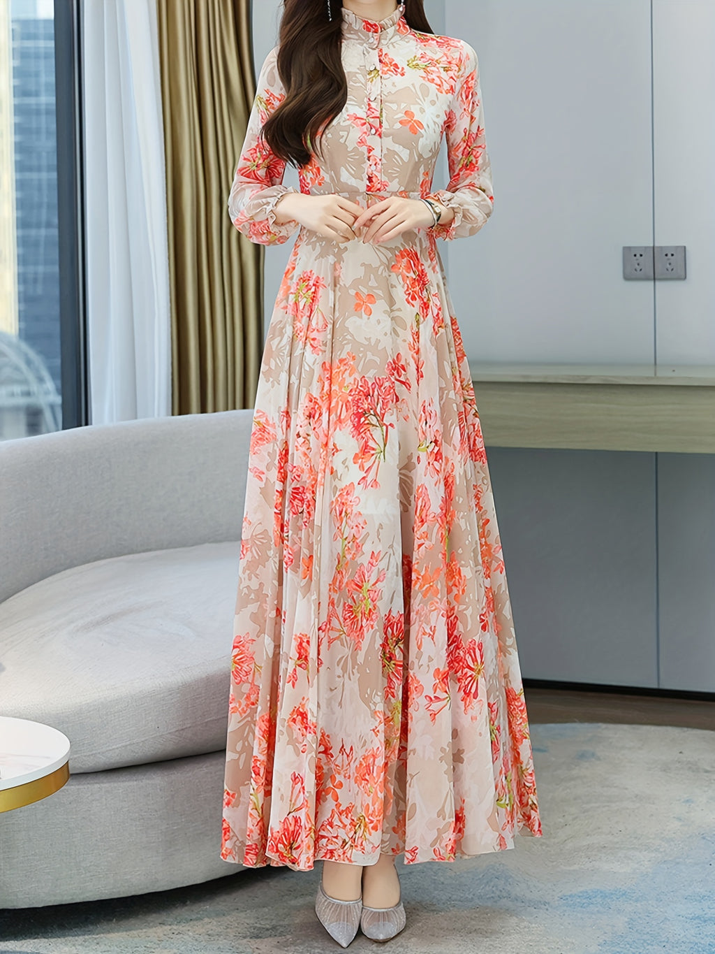 Women's Elegant Floral Print Mock Neck Dress - Long Sleeve A-Line Button Front with Pockets, Vibrant Orange/Red/White/Pink Floral on Beige, Spring & Fall Office & Casual Wear, Floral Print Dress, Fall Fashion Wear, Sophisticated Tailoring