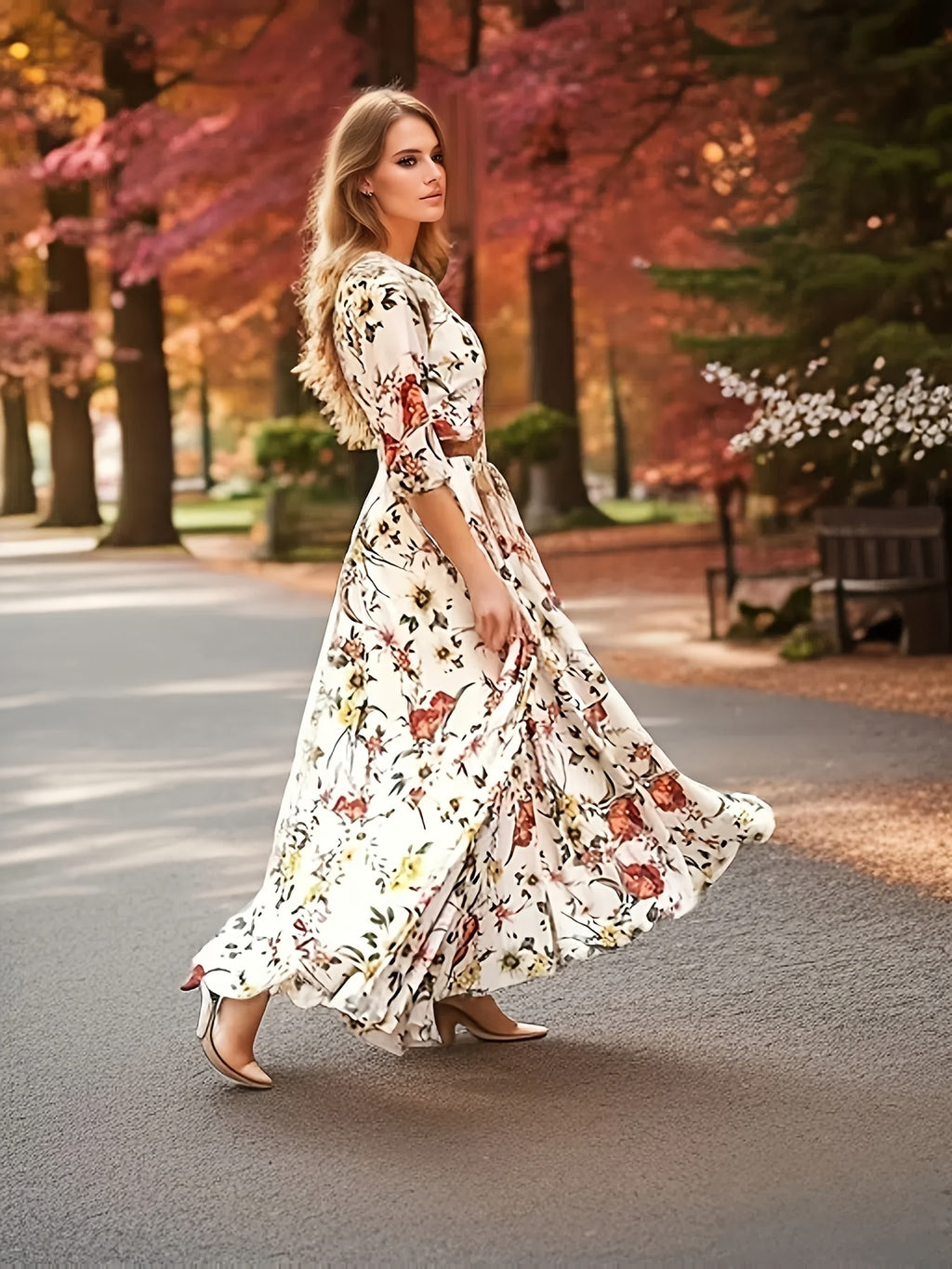 Elegant Women's Floral Swing Maxi Dress - 3/4 Length Lantern Sleeve, Ruffle Detail, White, Casual, Spring Summer Holiday Vacation Dress