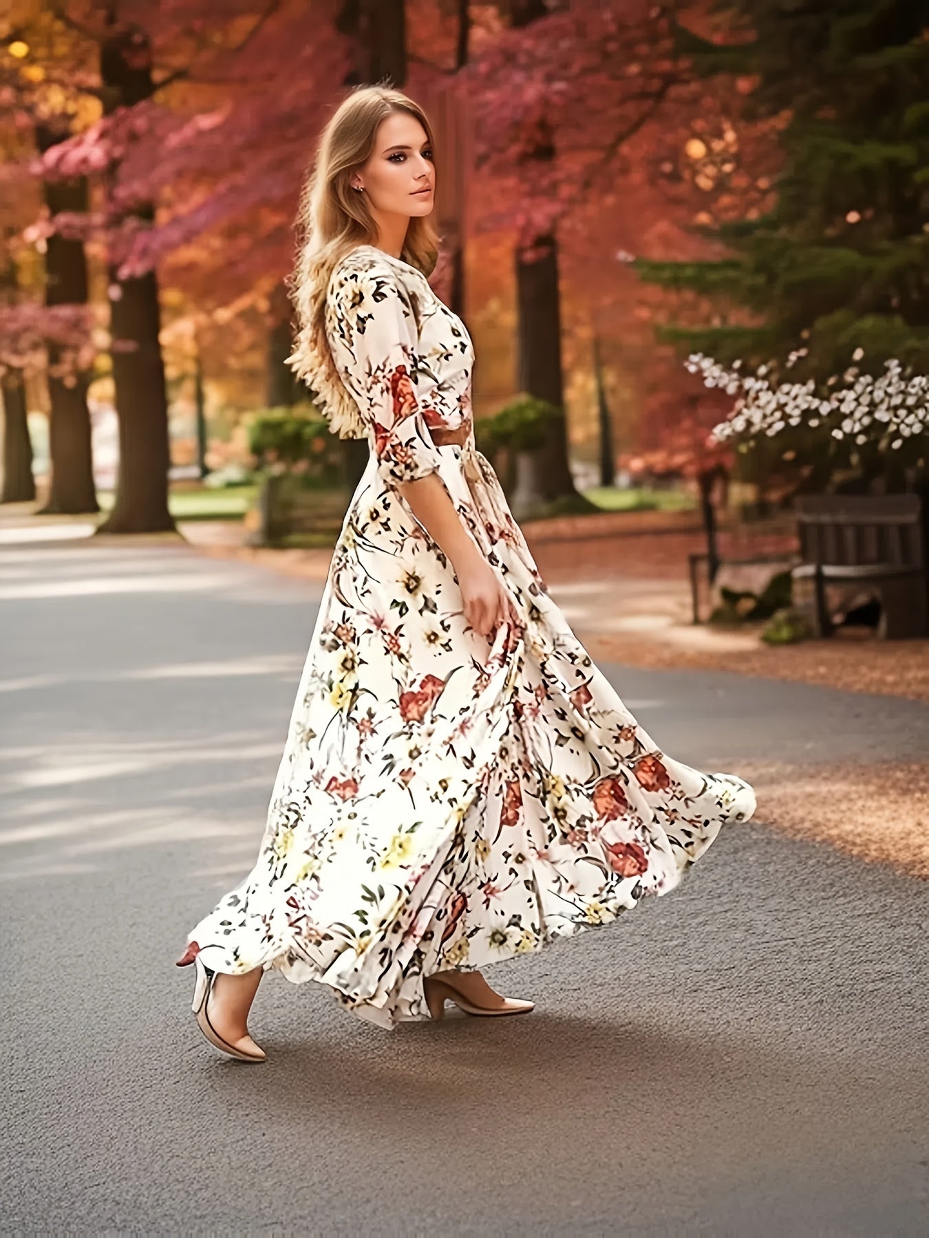Elegant Women's Floral Swing Maxi Dress - 3/4 Length Lantern Sleeve, Ruffle Detail, White, Casual, Spring Summer Holiday Vacation Dress