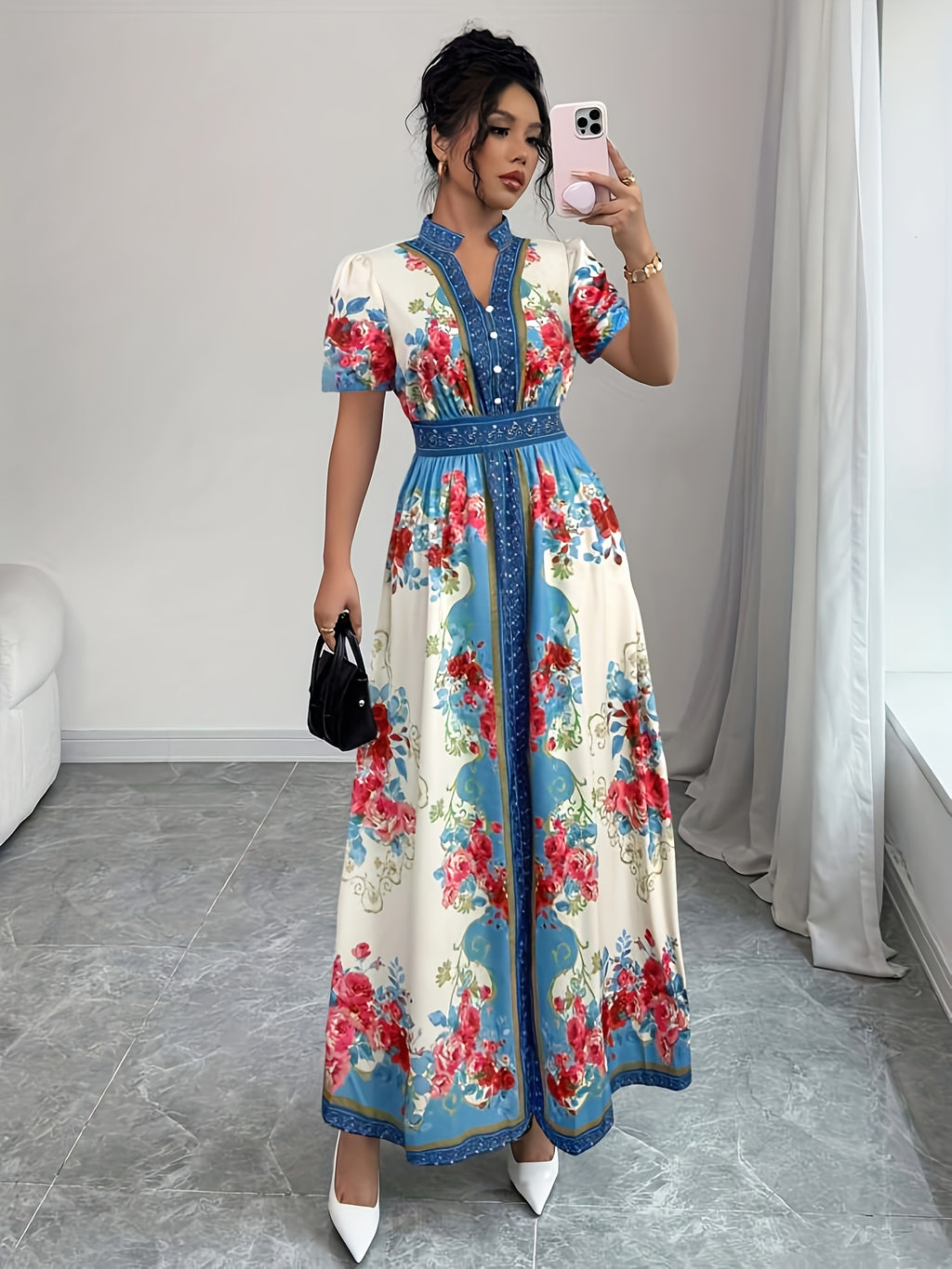 Women's Floral Print Elegant A-Line Dress with Stand-Up Collar & Puff Short Sleeves - Machine Washable Summer Long Dress with Side Slit, Regular Fit for Casual Formal Occasions, Cute Dresses
