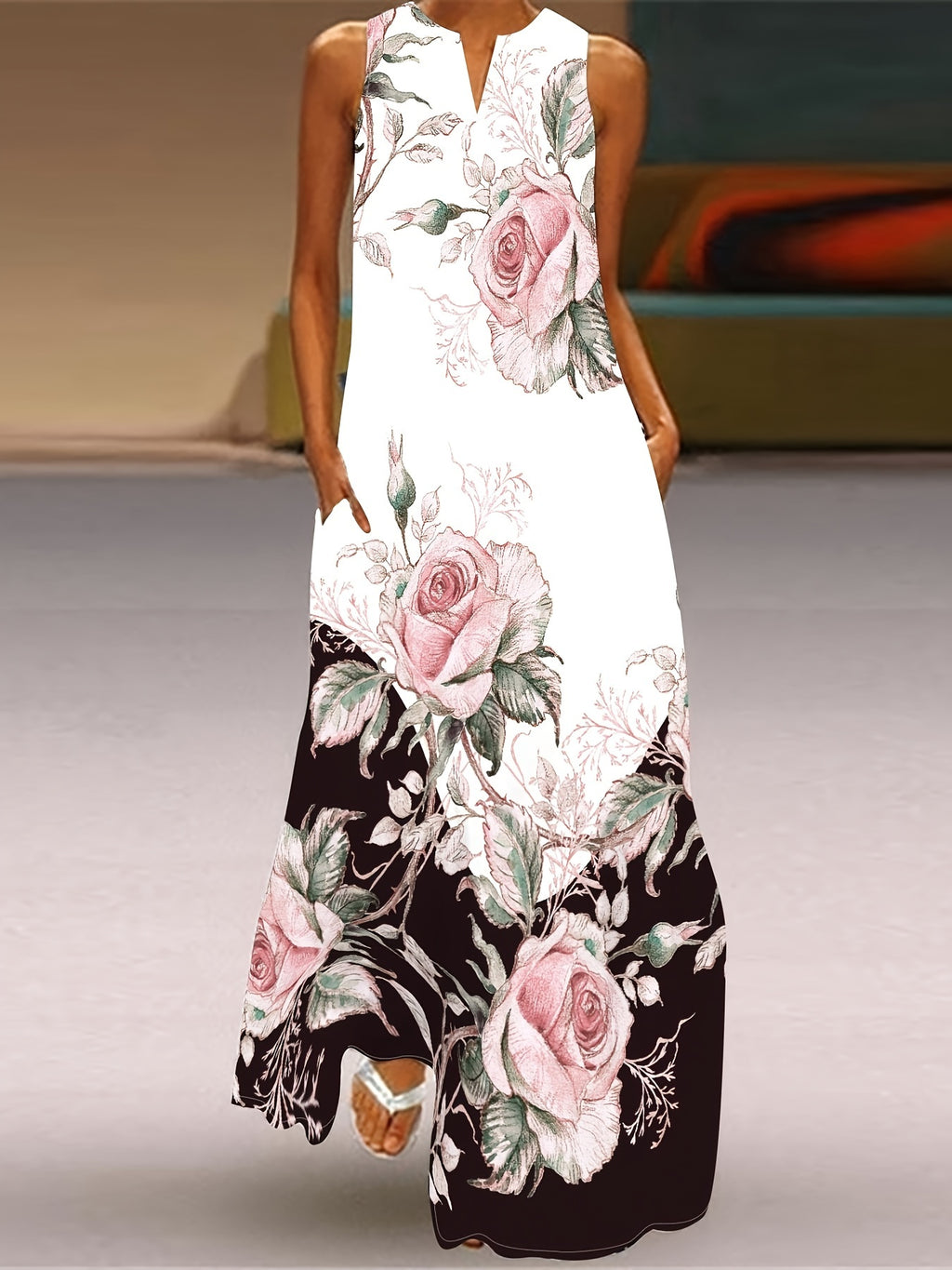 [Floral Print Dress] Floral Print V-Neck Sleeveless Dress with Pockets | A-Line Long Maxi Dress, Pink Roses on Black, Casual to Formal All-Season Wear, No Stretch Fabric