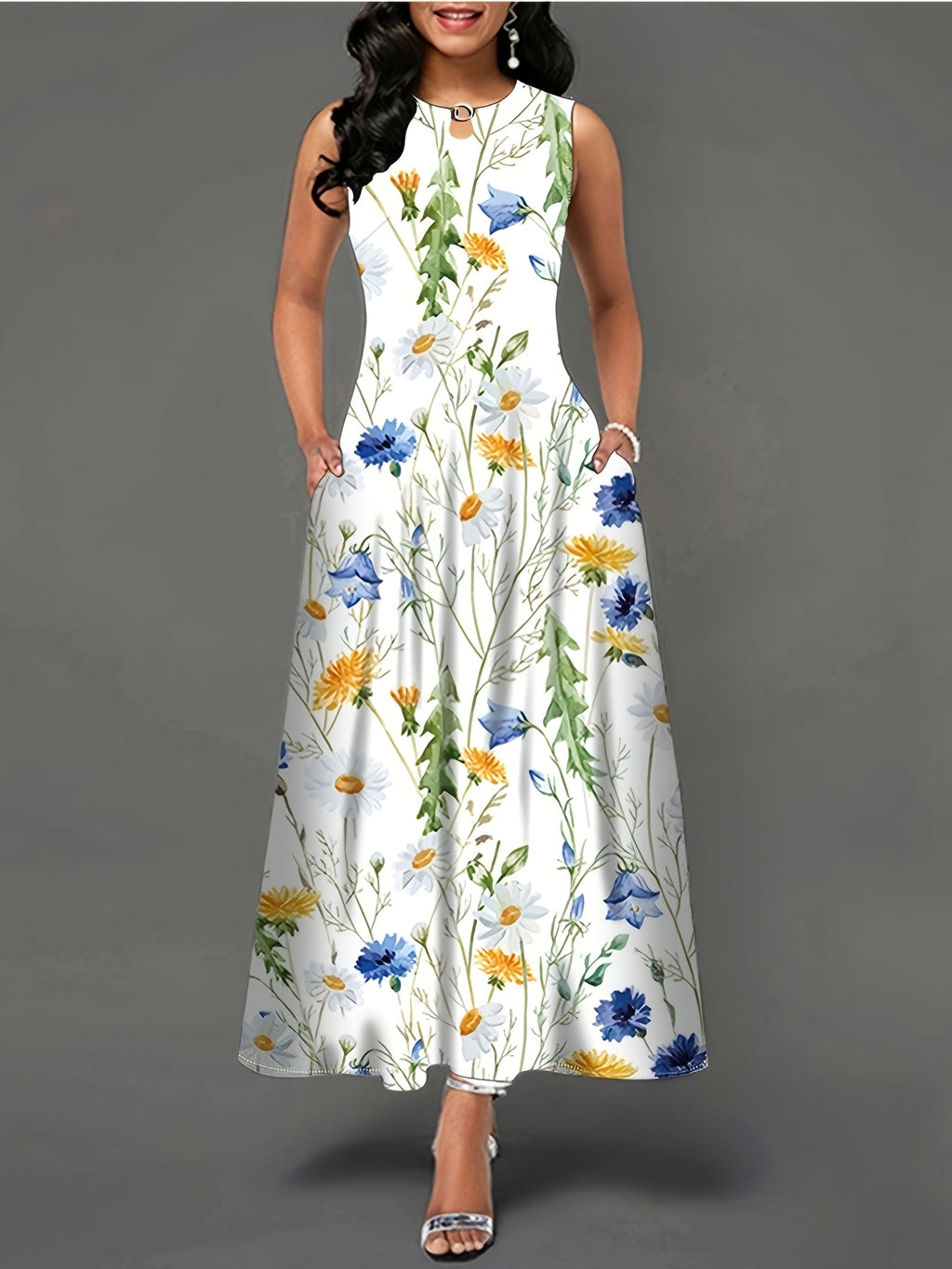 [Floral Dress] Vibrant Floral Print Women's A-Line Dress with Pockets | Sleeveless, Round Neck, Breathable Material, All-Season Casual to Formal Long Dress - Dry Clean Only, Blue Yellow Floral Pattern on White