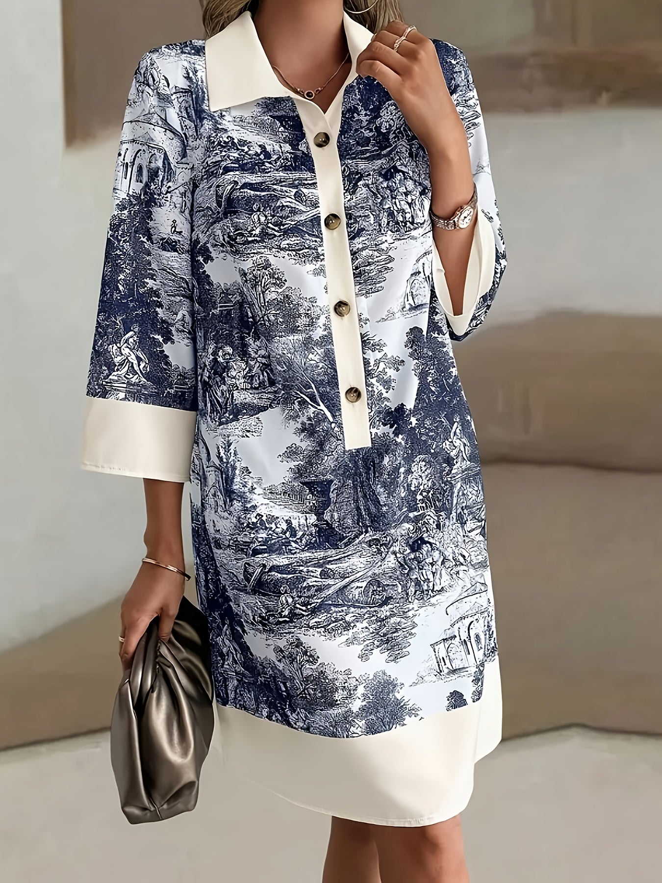 Women'S Loose Fit Floral Print Shirt Dress with Button Front, Long Sleeves, and Pockets - Casual Mid-Length A-Line Dress for All Seasons, Casual Attire | Floral Print Dress | Polyester Fabric