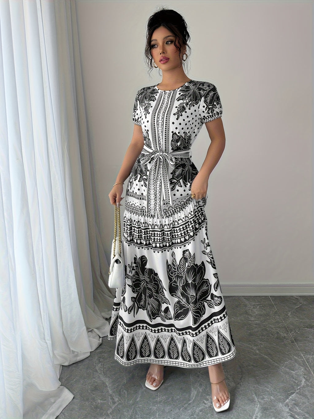 [Summer Chic Maxi Dress] Vibrant Pink & White Floral Print Maxi Dress for Women | Elegant, A-Line Silhouette, Round Neck, Tie-Front Detail, Casual Style, Perfect for Summer