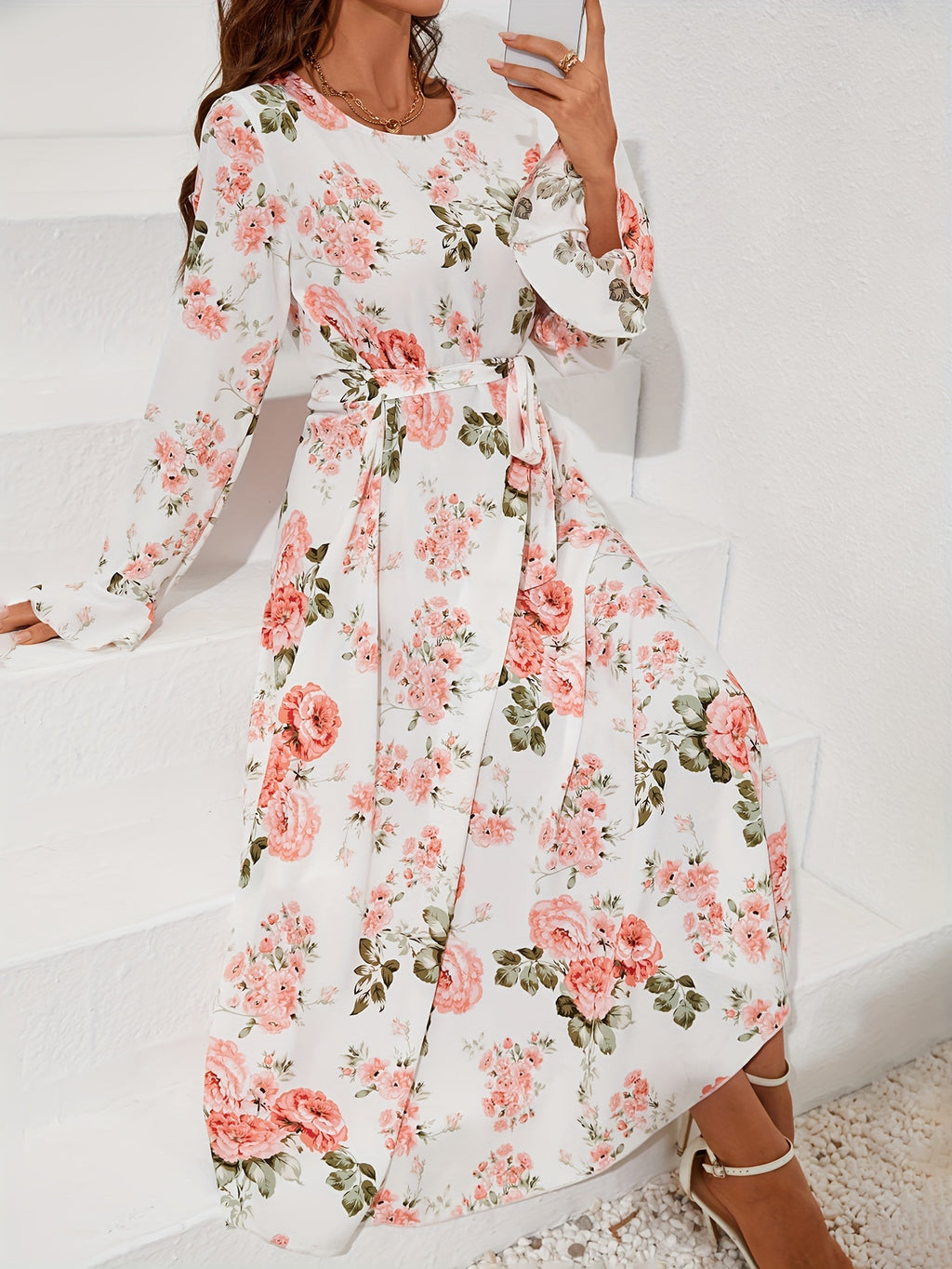 8843 Women's Elegant Bell Sleeve Floral Print A-Line Dress - Long Sleeve Round Neck Machine Washable All-Season Casual & Formal Wear, Versatile Fashion, Ruffled Skirt Style, Flowy Fabric Gown