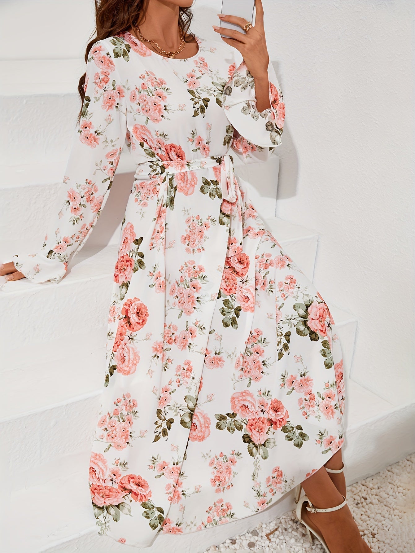 8843 Women's Elegant Bell Sleeve Floral Print A-Line Dress - Long Sleeve Round Neck Machine Washable All-Season Casual & Formal Wear, Versatile Fashion, Ruffled Skirt Style, Flowy Fabric Gown