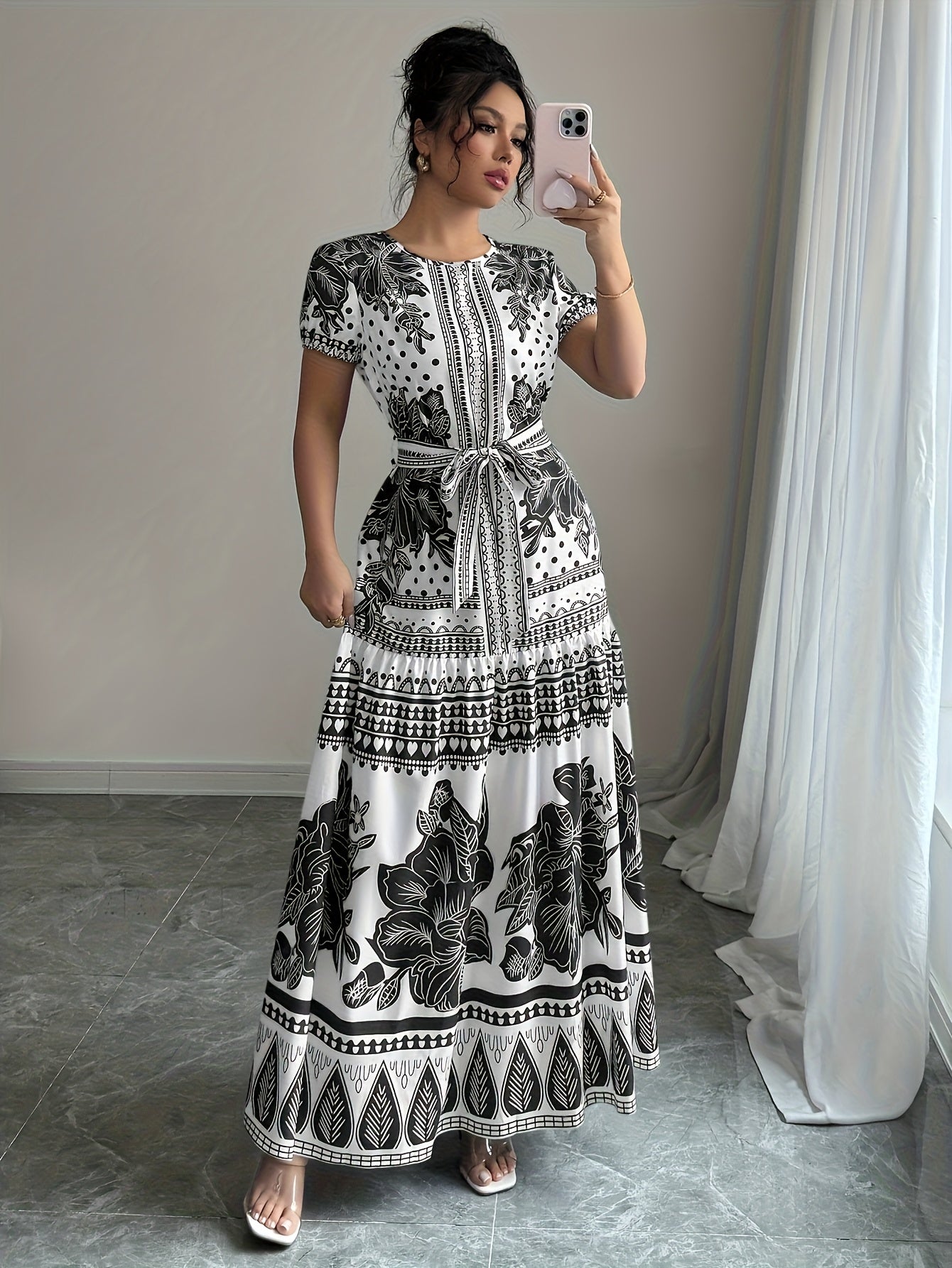 [Summer Chic Maxi Dress] Vibrant Pink & White Floral Print Maxi Dress for Women | Elegant, A-Line Silhouette, Round Neck, Tie-Front Detail, Casual Style, Perfect for Summer