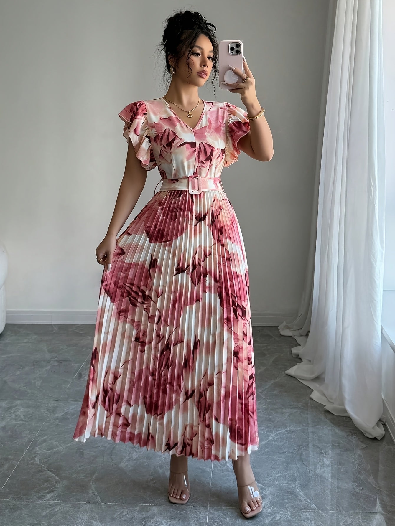 [Elegant Long Dress] Elegant Tie-Dye Floral Print Long Dress | Women's with Ruffle Hem, Pleated Design and Belt Detail, Perfect for Casual Daily Wear or Vacation